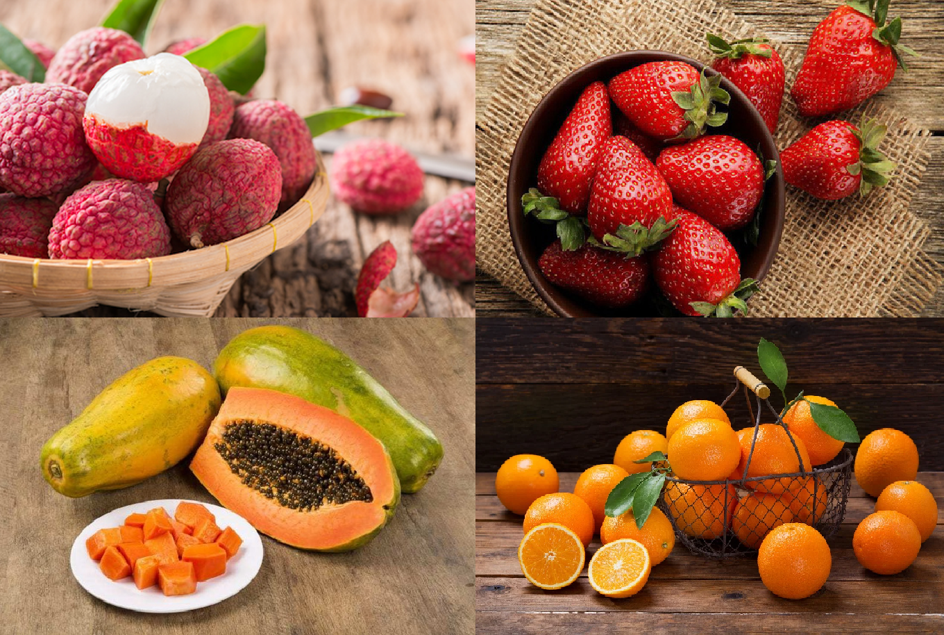 Các loại quả giàu vitamin C như: vải thiều, dâu tây, đu đủ và cam